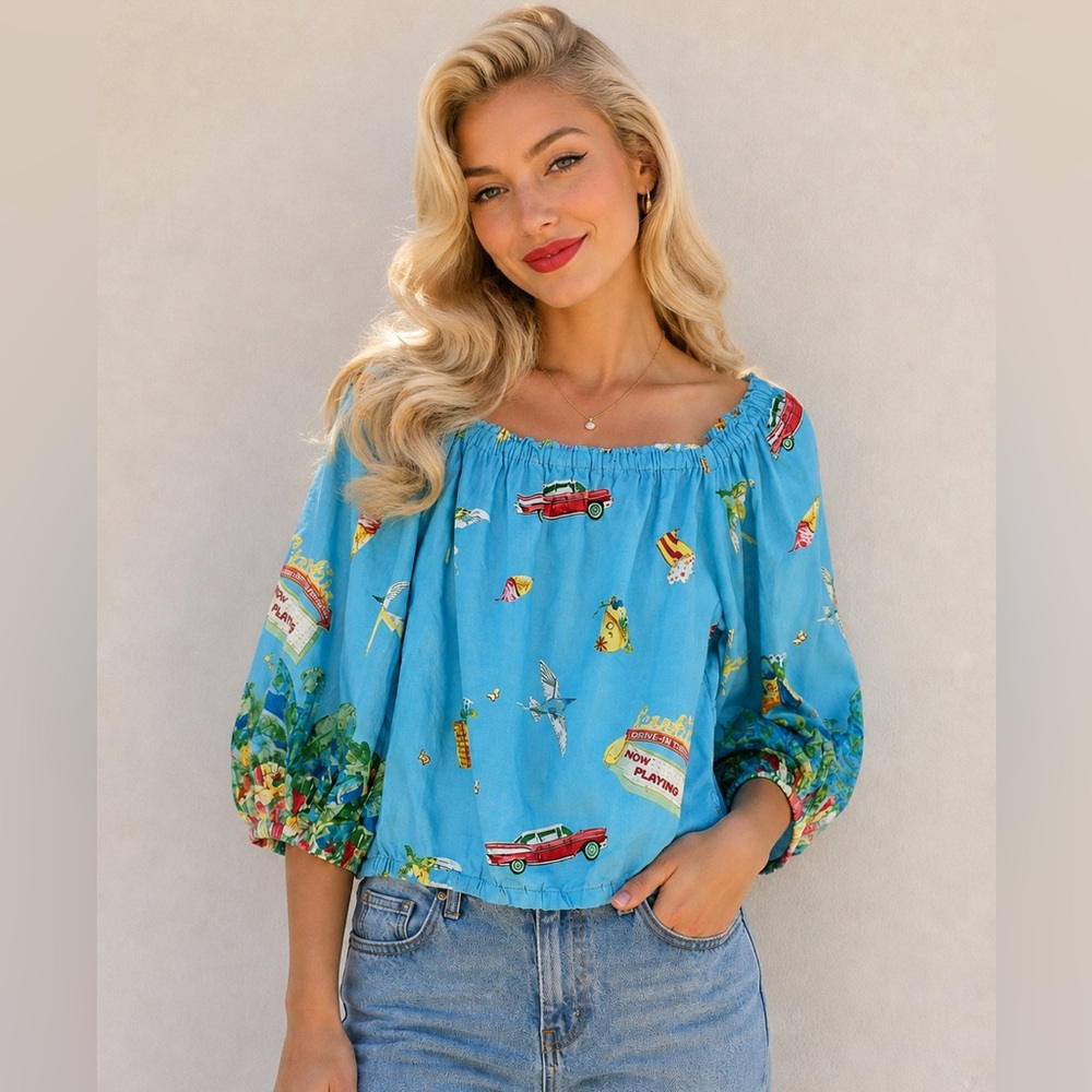 Christian Siriano Blue Retro Fun Novelty Movie Print Blouse Top Small